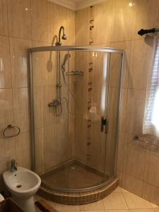 uma casa de banho com um chuveiro, um lavatório e um WC. em Bilene Dream House 1 em Vila Praia do Bilene