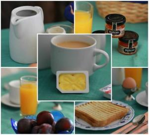 a collage of pictures of breakfast foods and orange juice at Aelia by Eltheon in Imerovigli