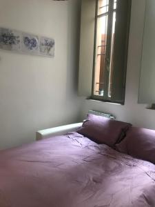 Un dormitorio con una cama con sábanas moradas y una ventana en Casa Barbara en Mantova