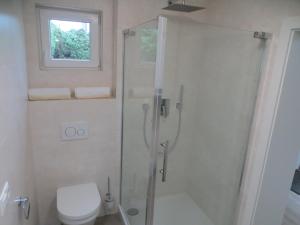 a bathroom with a glass shower and a toilet at Premium City Apartment Amadeus in Salzburg