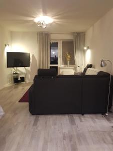 ein Wohnzimmer mit einem schwarzen Sofa und einem Flachbild-TV in der Unterkunft Apartament Ustroń Jaszowiec in Ustroń