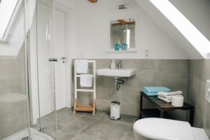 a bathroom with a toilet and a sink and a shower at Ferienwohnung am Federsee in Bad Buchau