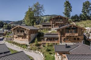 an overhead view of a group of wooden houses at Prechtlgut in Wagrain