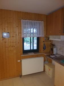 a kitchen with wooden walls and a window at Pension Zum weißen Hirsch in Reitwein