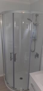 um chuveiro com uma porta de vidro na casa de banho em Thistle B&B em Napier