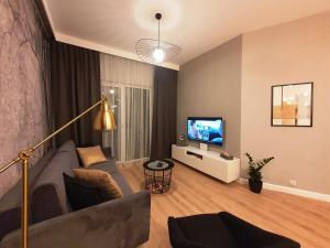Televízia a/alebo spoločenská miestnosť v ubytovaní Apartament 56