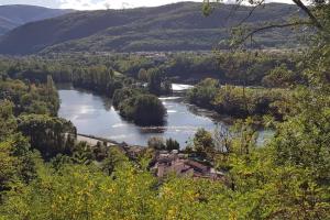 Blick auf einen Fluss mit Häusern und Bäumen in der Unterkunft Foix in Foix