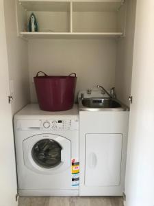 uma lavandaria com uma máquina de lavar roupa e um lavatório em Arches Cottage em Twizel