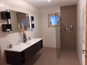 a bathroom with a sink and a shower at Apart Alexandra in Strass im Zillertal