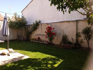 un patio con sombrilla y flores rojas junto a una pared en Casa Rural Las Barricas en Coca