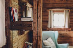 una libreria con libri e una sedia blu di Ferienhaus am Keltenkogel a Großklein