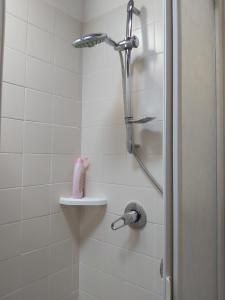 baño con ducha y lavabo con teléfono rosa en Casa Dalena, en Lu Razzoni