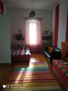 een woonkamer met een bank en een tapijt bij Centrum Szíve in Pécs