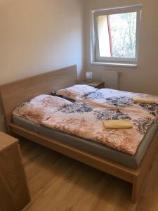 sypialnia z łóżkiem z drewnianą ramą w obiekcie Apartmán Horní Lipová w mieście Ober Lindewiese