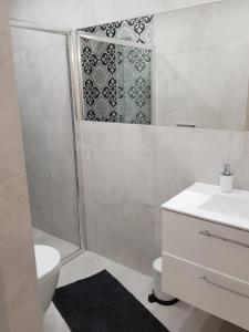a bathroom with a shower and a toilet and a sink at Apartament Monika in Kłodzko