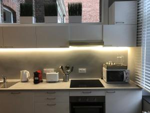 a kitchen with white cabinets and a counter top with a microwave at Claire et Liège, toute une histoire... in Liège