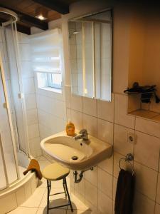 a bathroom with a sink and a stool and a mirror at Pension Hainer See - FEWO in Neukieritzsch