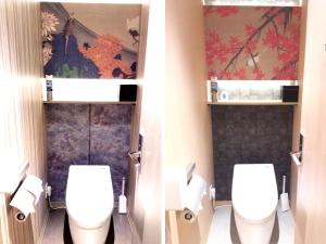 two images of a bathroom with two toilets at HOTEL Cargo Shinsaibashi in Osaka