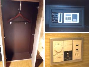 a room with a microwave and a closet with a door at HOTEL Cargo Shinsaibashi in Osaka