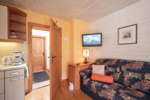 a living room with a couch and a kitchen at Haus Sieglinde in Finkenberg