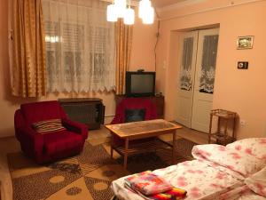 ein Wohnzimmer mit einem Sofa, einem Stuhl und einem TV in der Unterkunft Kereki Retro Vendégház in Kerekegyháza