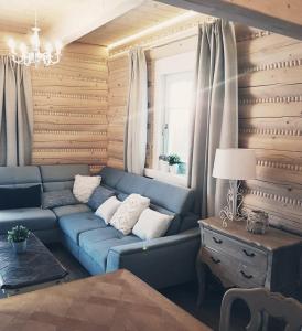 Koniakowo - dom Pinto في كونيكاو: غرفة معيشة مع أريكة زرقاء ونافذة
