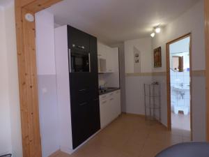 La cuisine est équipée d'un réfrigérateur noir et d'un évier. dans l'établissement Ferienwohnung Büchsenhof, à Prossen