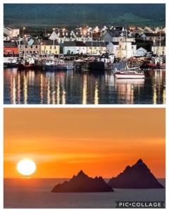 due foto di un tramonto e di un porto con barche di Skellig Port Accomodation - Sea View Rooms Ensuite a Portmagee