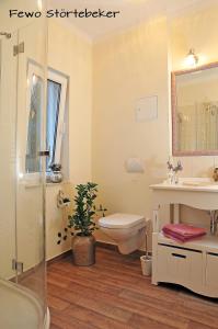 a bathroom with a toilet and a sink and a shower at Ferienhaus - Am Kütertor - alle Apartments mit Terrasse oder Balkon - in top Lage in Stralsund +58 photos