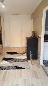 - un salon avec un tapis noir et blanc dans l'établissement Nice Centre, Superbe Studio Proche Mer, à Nice