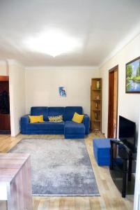 ein Wohnzimmer mit einem blauen Sofa und einem TV in der Unterkunft Apartments in the park area of the Dnipro in Dnipro