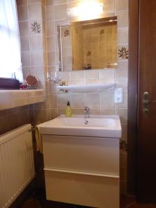 a bathroom with a white sink and a mirror at Landhaus Sailer in Mittenwald