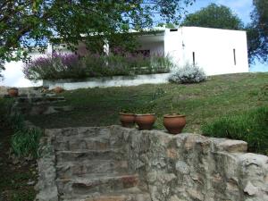 un jardín con tres macetas de flores en una pared de piedra en La Caballeriza en La Granja