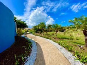 einen gewundenen Pfad durch einen Park mit Palmen in der Unterkunft Blue Horizon Boutique Resort in Vieques