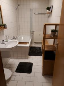 a bathroom with a sink and a shower and a tub at Ferienwohnung Schreckenbach in Sankt Egidien