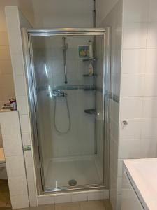 a shower with a glass door in a bathroom at Royal Palace Home in Vienna