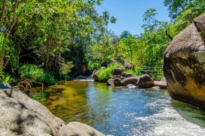 um rio com pedras e árvores numa floresta em Pousada Recanto Do Kaléo em Visconde de Mauá