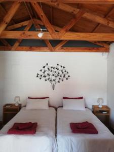 um quarto com 2 camas com toalhas vermelhas em Walvis Bay Backpackers & Self-catering em Walvis Bay