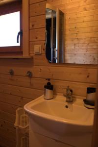 a bathroom with a sink and a mirror at Domki letniskowe SILVER in Jarosławiec