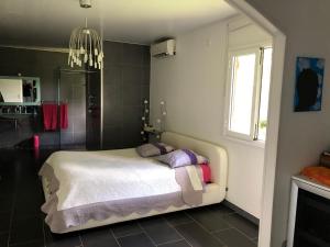 a bedroom with a bed and a chandelier at VILLA LA CHAUMIERE Au calme et sans vis à vis in Matoury
