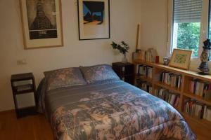 ein Schlafzimmer mit einem Bett und einem Bücherregal mit Büchern in der Unterkunft Casa en Rías baixas, vistas espectaculares, privado, cerca del mar in San Salvador de Poio