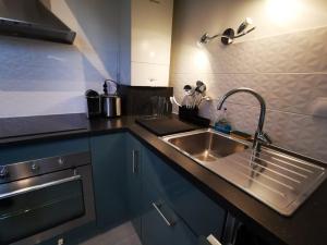 a kitchen with a stainless steel sink and blue cabinets at Akela - Appartement à 12mn de Disneyland Paris ! in Bussy-Saint-Georges