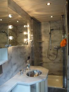 ein Bad mit einem Waschbecken und einer Dusche in der Unterkunft Ferienhaus Mauer Krombachtalsperre, exclusive Nebenkosten Strom in Driedorf