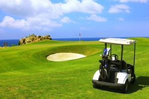 un carrito de golf estacionado frente a un campo de golf en Thunderbird Resorts - Poro Point en San Fernando