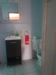 a bathroom with a toilet and a sink and a red towel at Amplio departamento para grupos o familias in Mexico City
