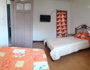 a bedroom with two beds and a flat screen tv at Amplio departamento para grupos o familias in Mexico City