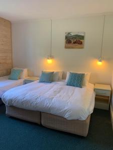 duas camas num quarto de hotel com duas lâmpadas em Sponars Chalet em Perisher Valley