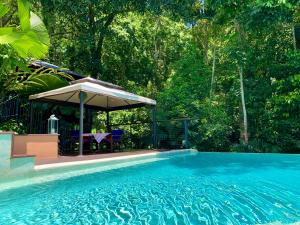 a swimming pool with a gazebo and a table and chairs at Cairns Rainforest Retreat in Cairns