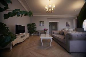 sala de estar con sofá y TV en Grand Kavkaz Hotel, en Nalchik