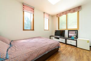 um quarto com uma cama e uma televisão de ecrã plano em Hooni Guest House & Motel em Gurye